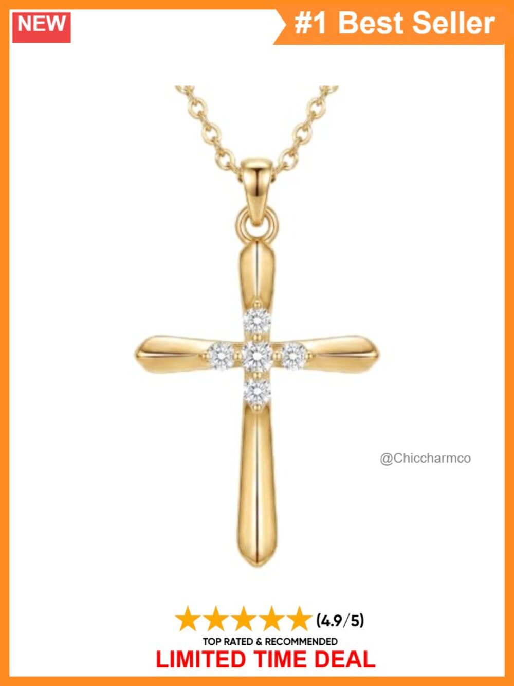 14K Gold Plated Diamond Cross Pendant Necklace 18" + 2" Extender 0.35 cttw